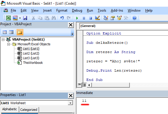 Textová funkce VBA Len() a příkaz Debug.print